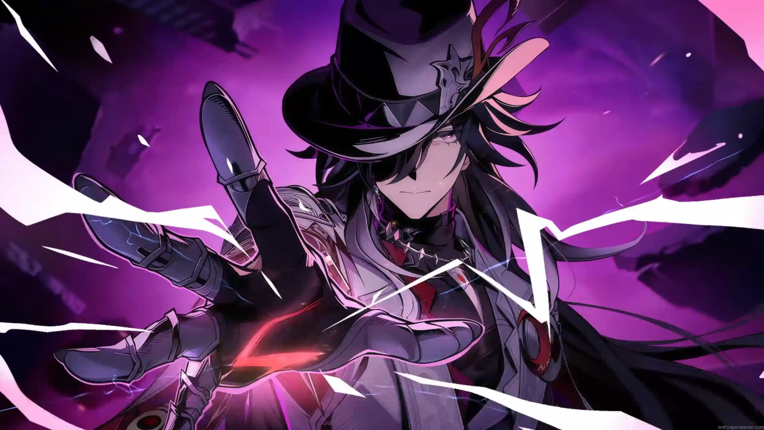 Ashveil from Honkai Star Rail surrounded by purple lightning and shattered energy effects in a stylish anime battle wallpaper