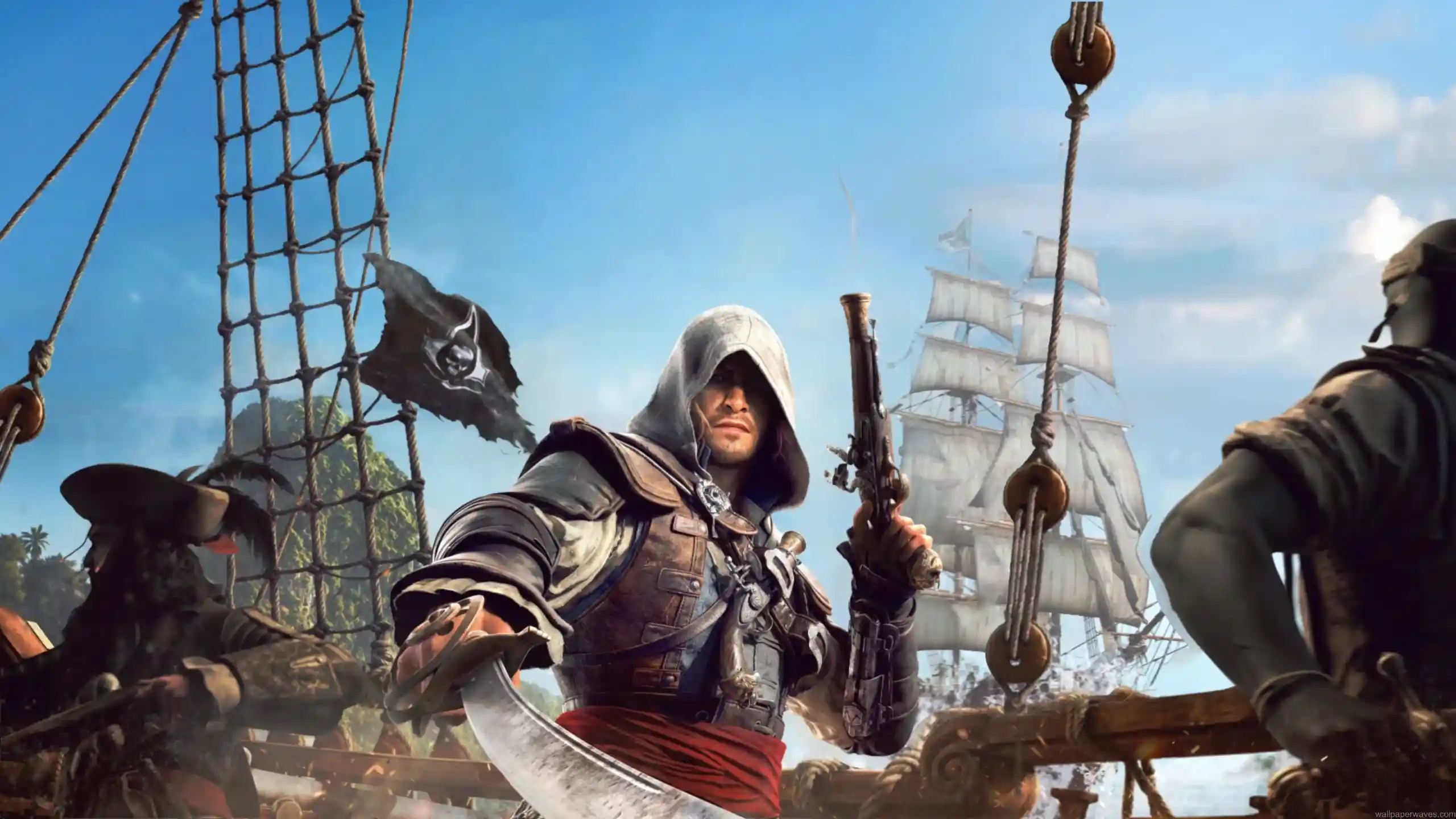 Edward Kenway standing aboard a pirate ship during an intense naval battle in Assassin’s Creed Black Flag with ocean ships and pirate atmosphere wallpaper