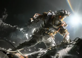 Futuristic astronaut fighting through shattered spacecraft debris in deep space with dramatic planetary light wallpaper