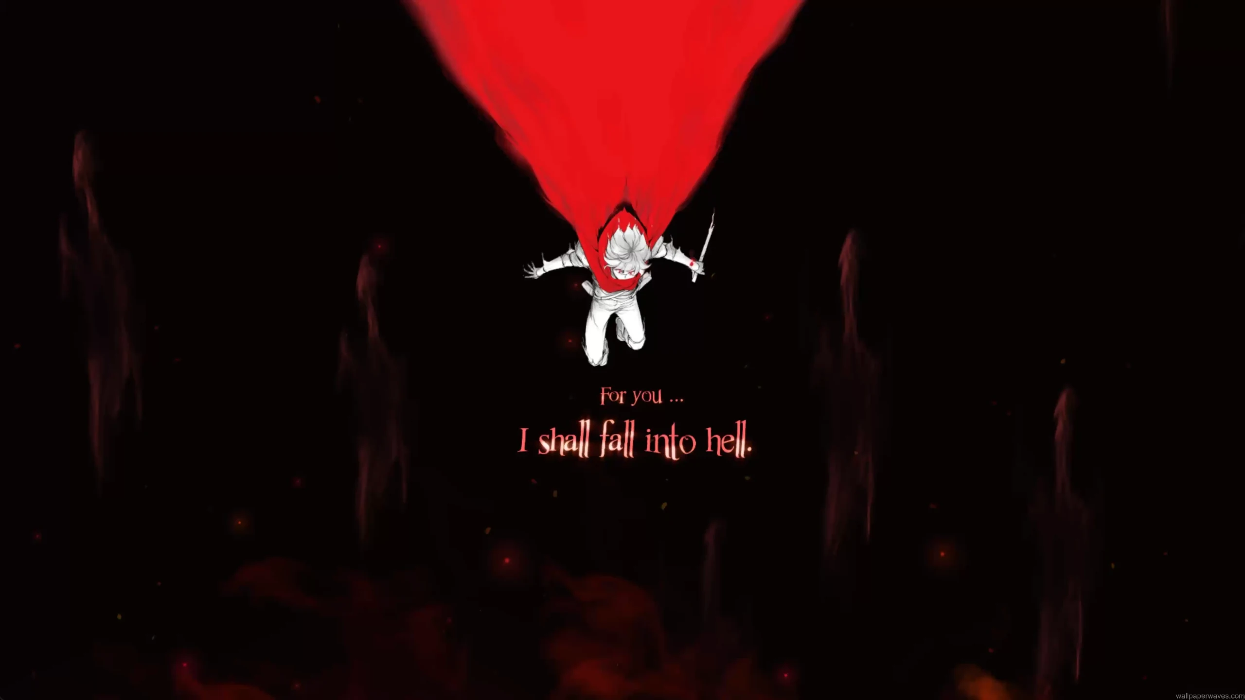 Bell Cranel descending through a dark red abyss with glowing crimson energy and sword from DanMachi anime wallpaper