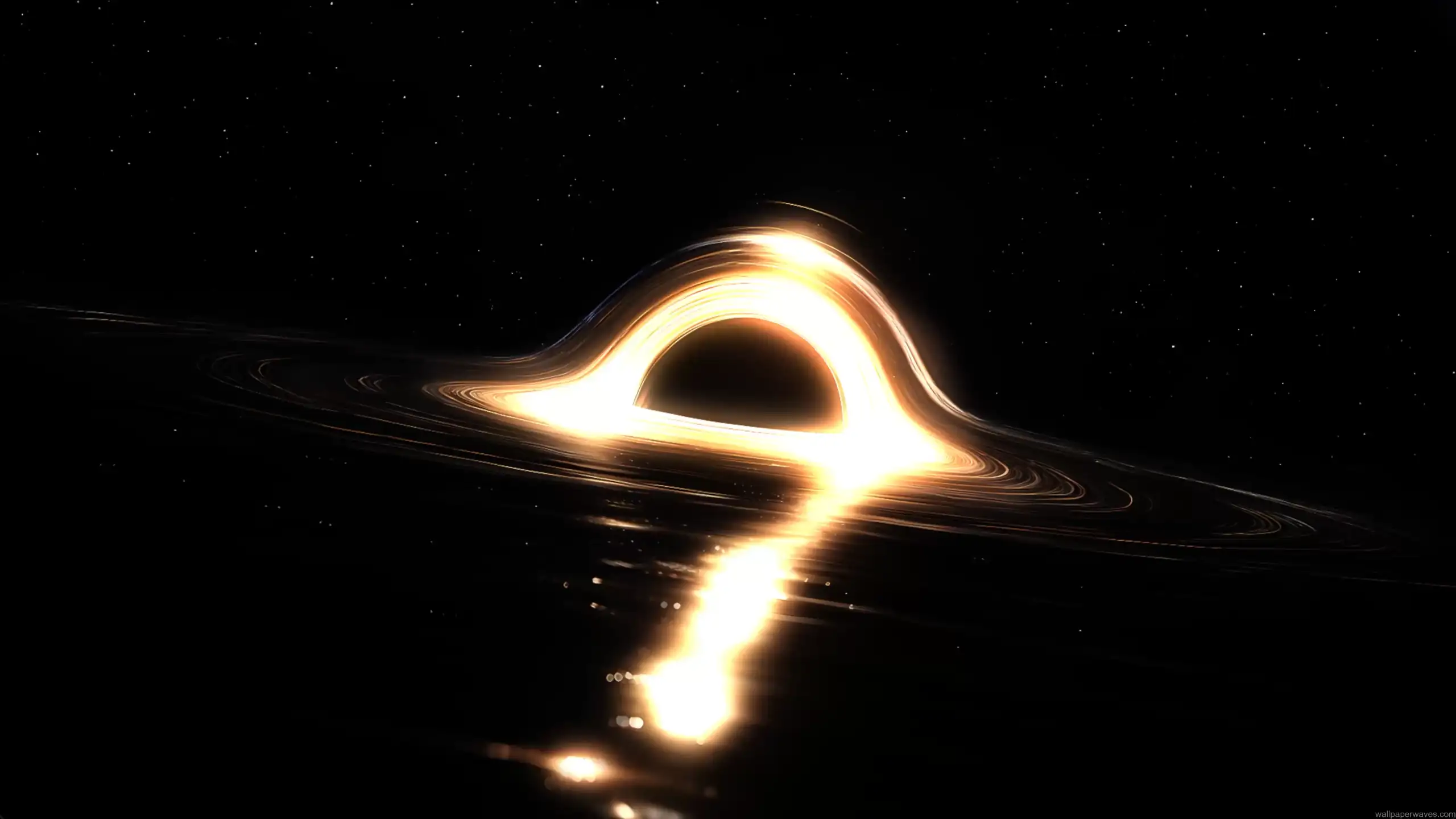 Glowing cosmic black hole with golden accretion rings, deep space stars, and cinematic sci-fi singularity atmosphere wallpaper