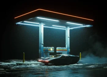 Cyberpunk Gas Station Night Live Wallpaper 2 Futuristic cyberpunk car parked at a neon-lit gas station during a snowy night with glowing lights, fog, and cinematic sci-fi atmosphere wallpaper