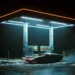Futuristic cyberpunk car parked at a neon-lit gas station during a snowy night with glowing lights, fog, and cinematic sci-fi atmosphere wallpaper