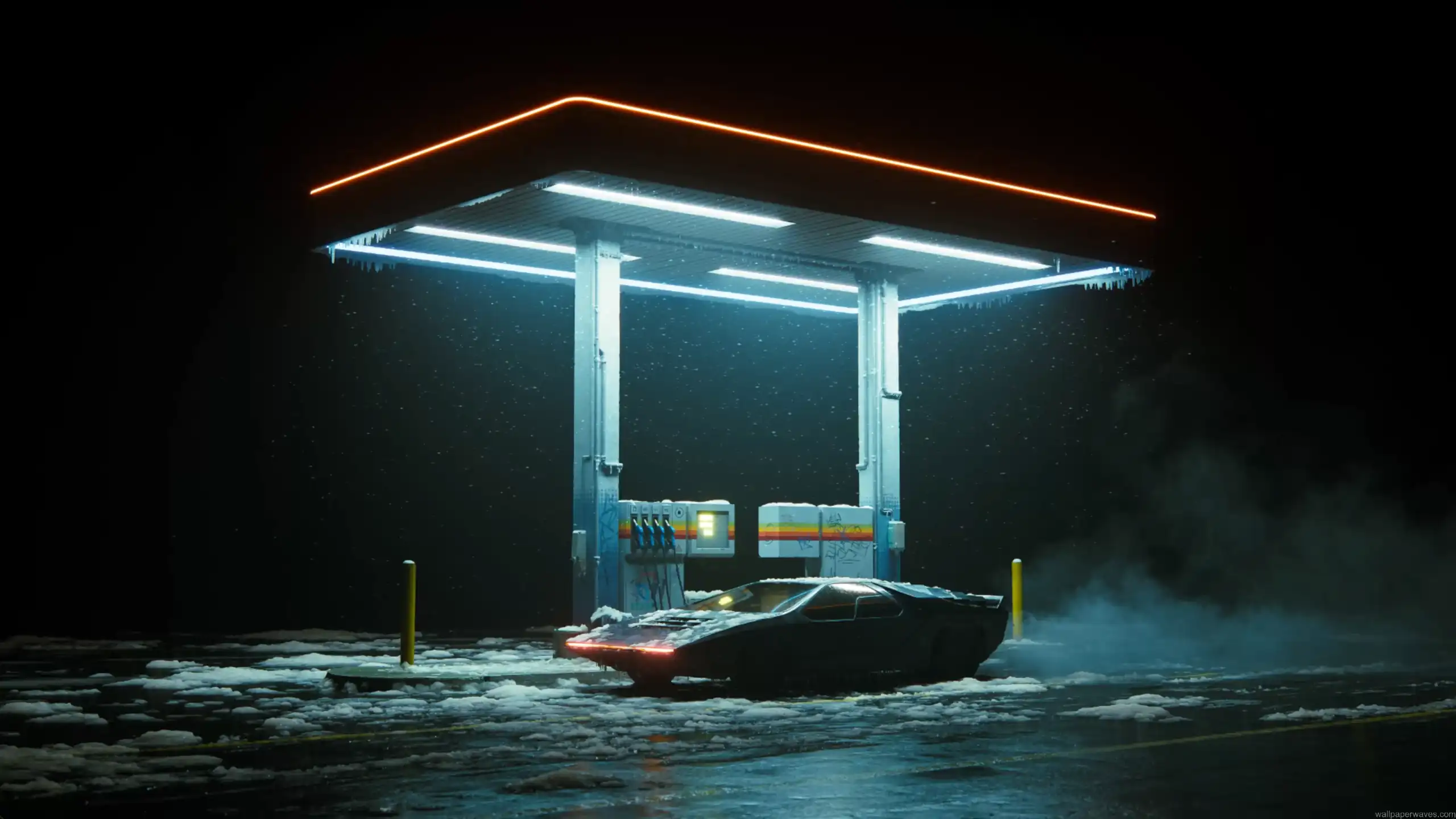 Futuristic cyberpunk car parked at a neon-lit gas station during a snowy night with glowing lights, fog, and cinematic sci-fi atmosphere wallpaper
