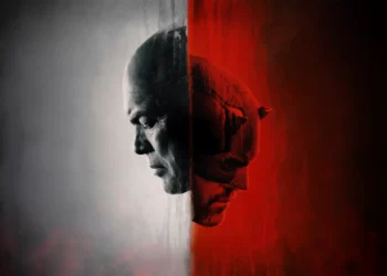 Daredevil and Kingpin split portrait with dark red noir atmosphere inspired by Marvel rivalry wallpaper