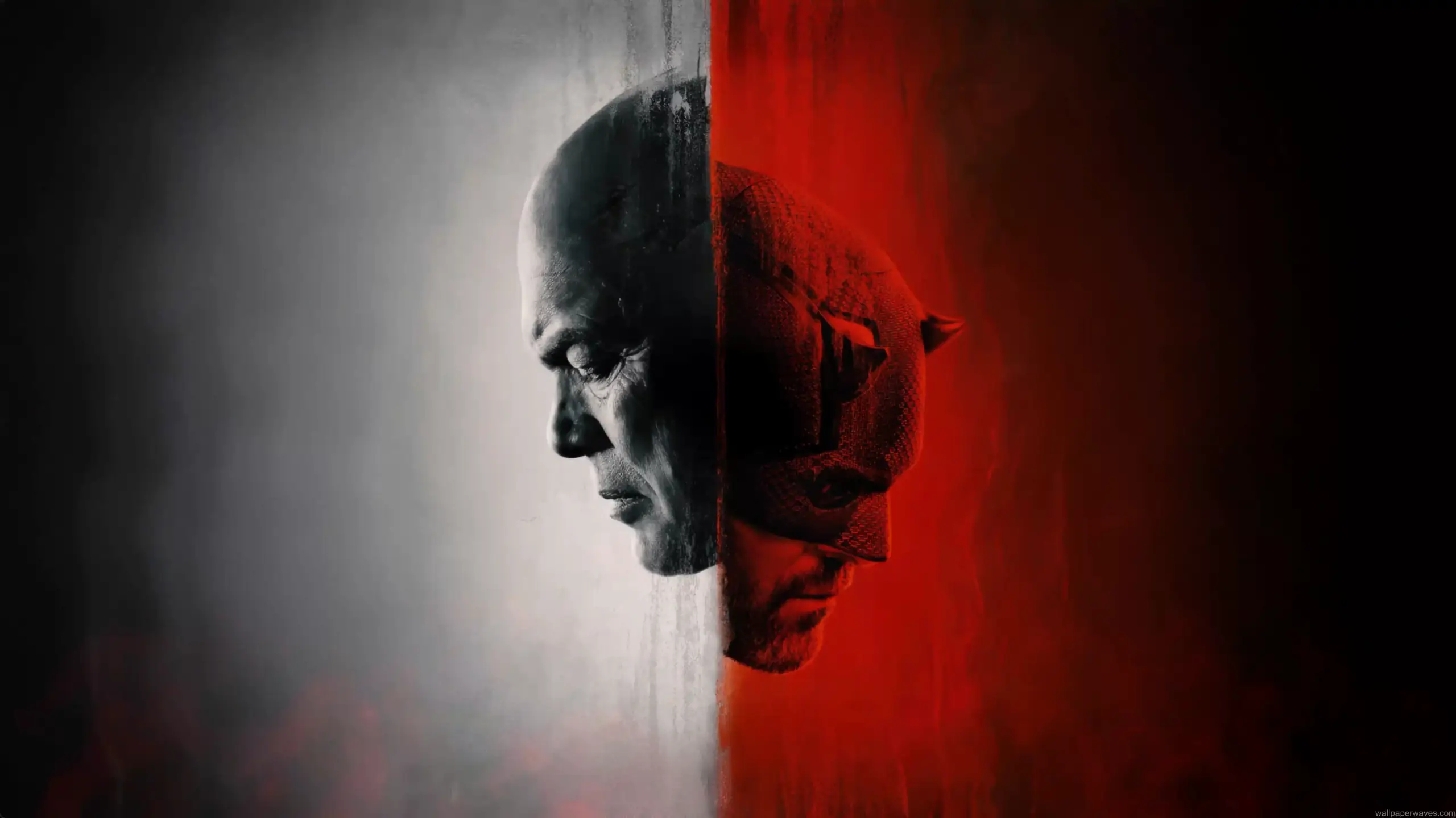 Daredevil and Kingpin split portrait with dark red noir atmosphere inspired by Marvel rivalry wallpaper
