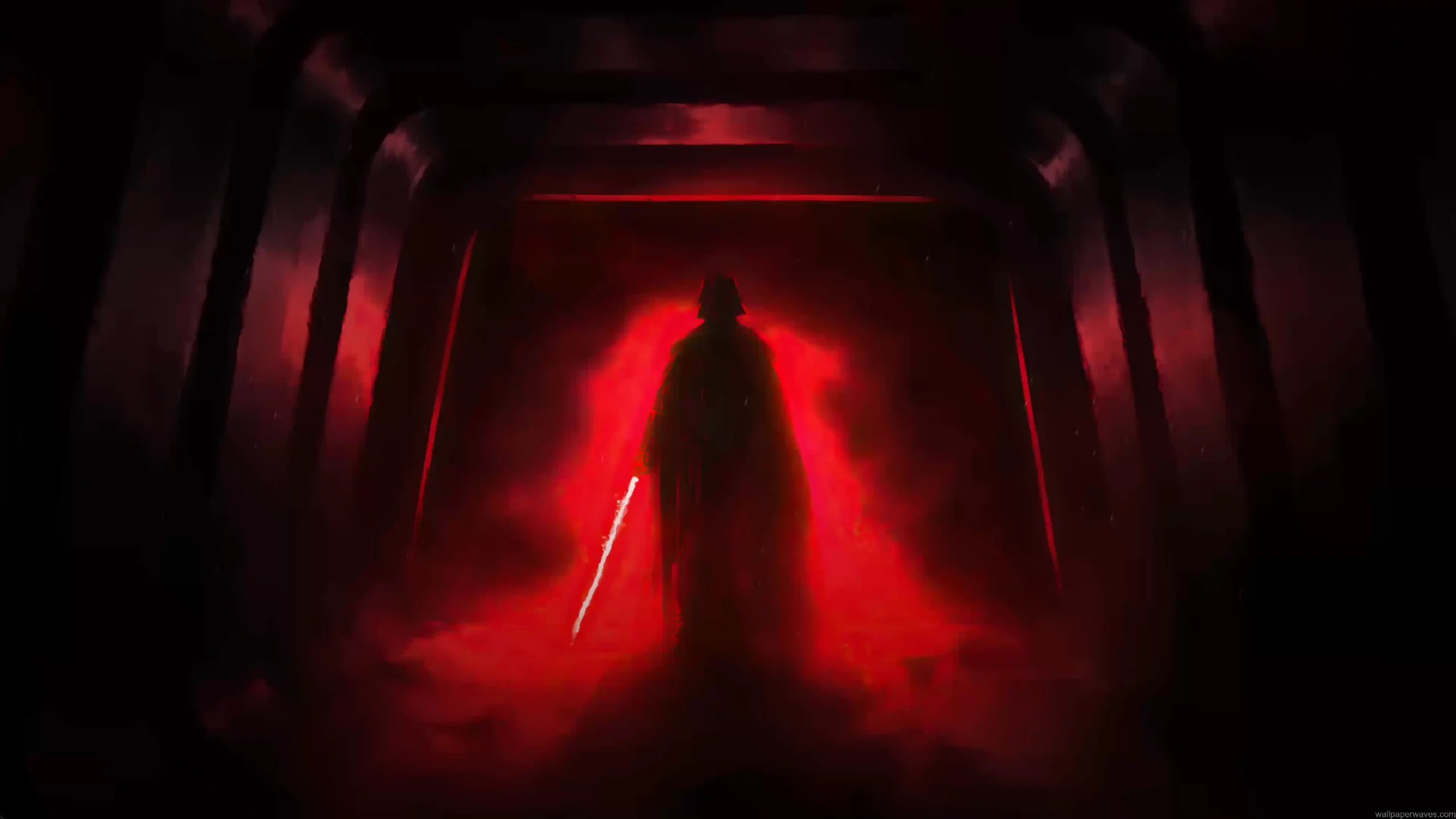 Darth Vader standing in a dark red corridor with glowing red lightsaber and intense Sith aura Star Wars wallpaper