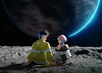 David and Lucy Cyberpunk Edgerunners Live Wallpaper 1 David Martinez and Lucy sitting together on the moon beneath a massive glowing planet in Cyberpunk Edgerunners wallpaper