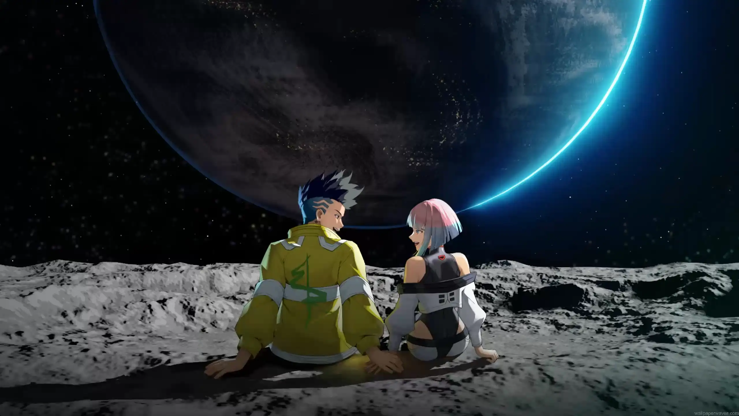 David Martinez and Lucy sitting together on the moon beneath a massive glowing planet in Cyberpunk Edgerunners wallpaper