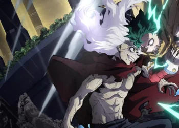 Deku battling Tomura Shigaraki with green lightning energy during an intense My Hero Academia final fight wallpaper