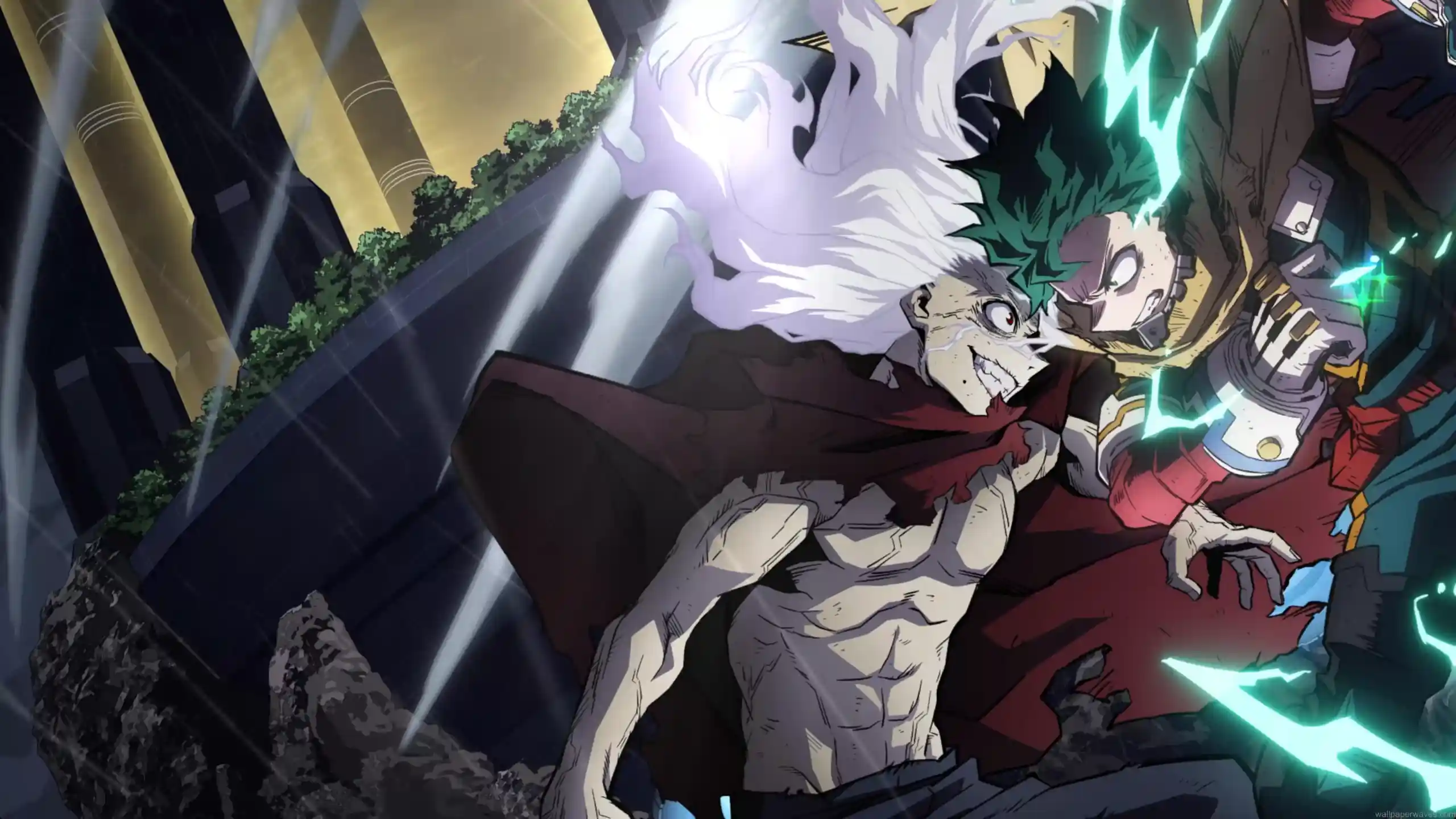 Deku battling Tomura Shigaraki with green lightning energy during an intense My Hero Academia final fight wallpaper