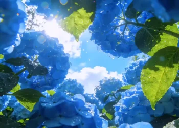 Dreamy Hydrangea Bloom Live Wallpaper 2 Blue hydrangea flowers glowing under bright sunlight with green leaves and dreamy summer garden atmosphere wallpaper