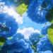 Blue hydrangea flowers glowing under bright sunlight with green leaves and dreamy summer garden atmosphere wallpaper