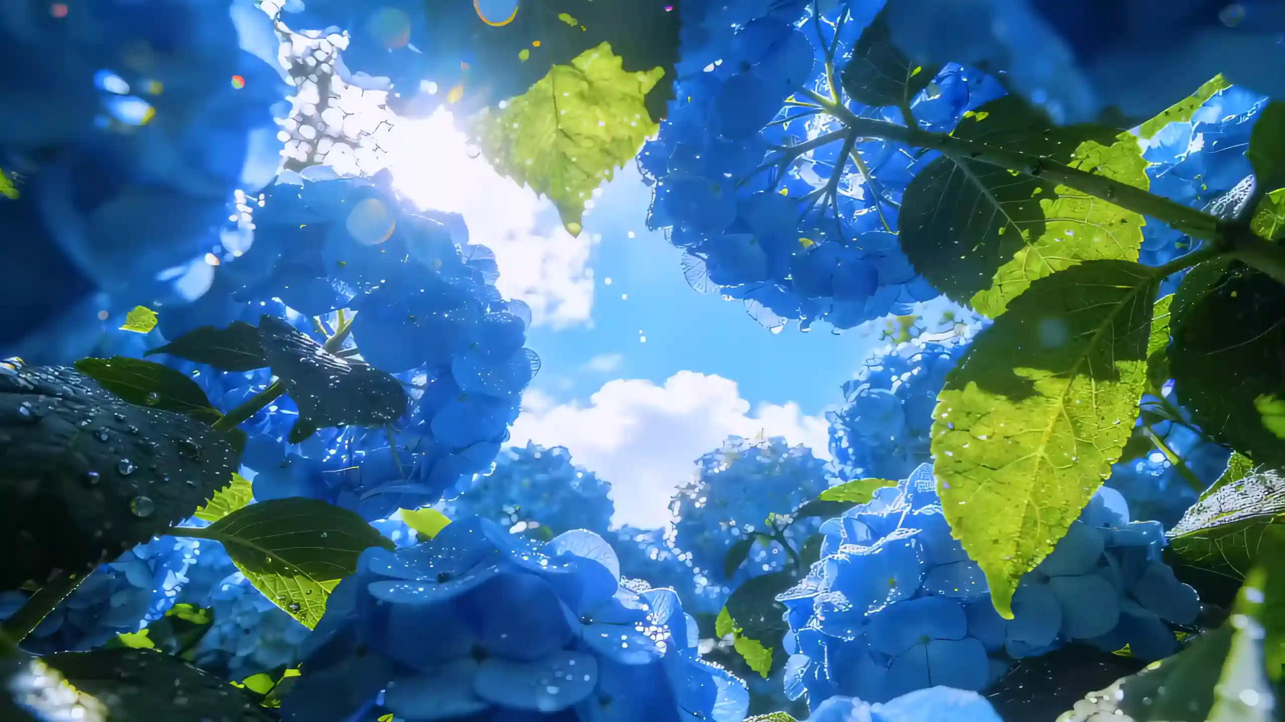 Blue hydrangea flowers glowing under bright sunlight with green leaves and dreamy summer garden atmosphere wallpaper