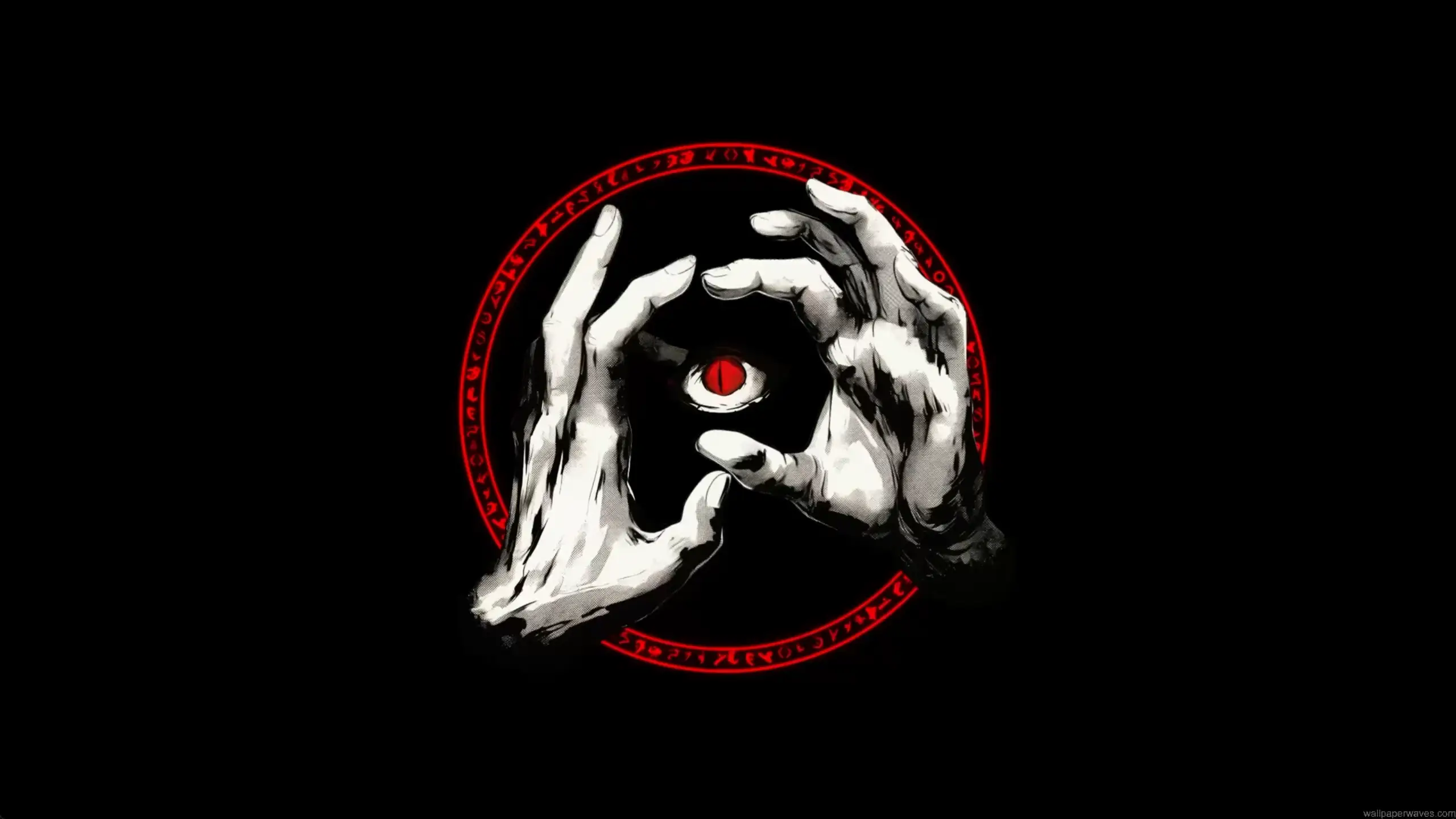 Dark forbidden eye symbol with skeletal hands and glowing red occult circle minimalist wallpaper