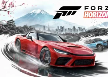 Red sports car drifting in Forza Horizon 6 with Mount Fuji, Tokyo skyline, and cherry blossoms in the background wallpaper