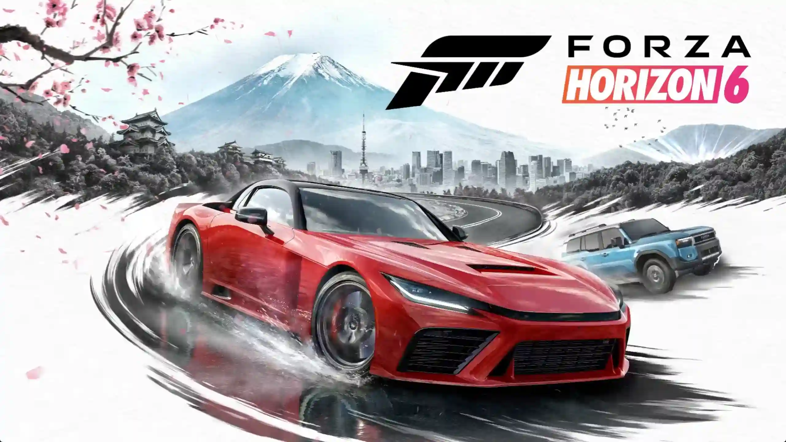 Red sports car drifting in Forza Horizon 6 with Mount Fuji, Tokyo skyline, and cherry blossoms in the background wallpaper
