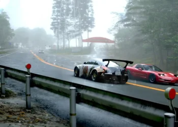 Two drift cars racing on rainy mountain road in Forza Horizon inspired street racing wallpaper