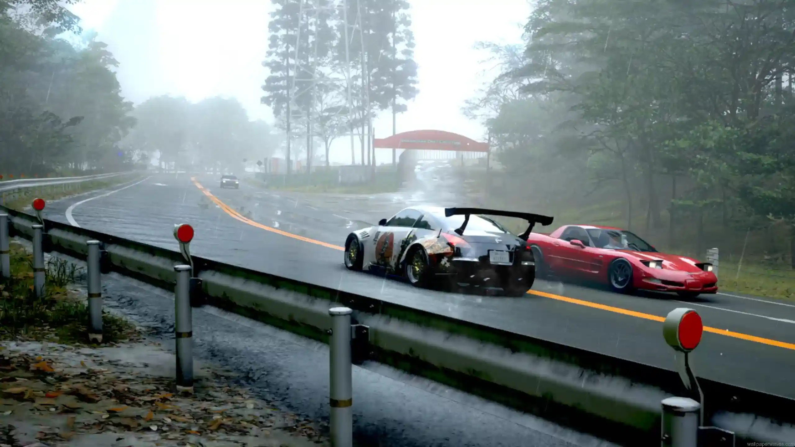Two drift cars racing on rainy mountain road in Forza Horizon inspired street racing wallpaper