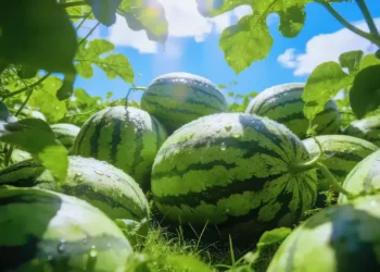 Fresh watermelon field under bright summer sunlight with green vines, morning dew, and vibrant countryside scenery wallpaper