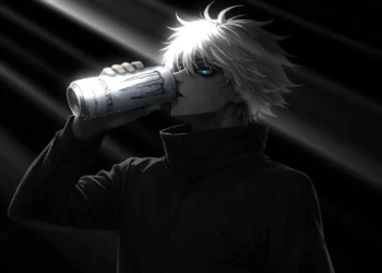 Satoru Gojo drinking a Monster energy drink in dramatic dark lighting with glowing blue eye and minimalist anime aesthetic wallpaper