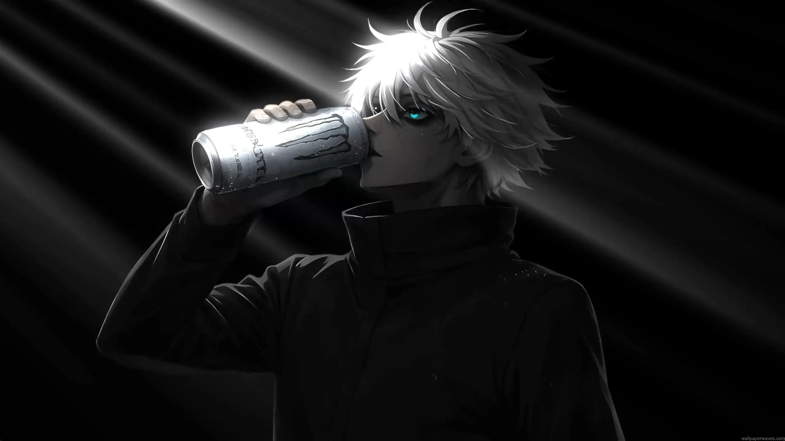 Satoru Gojo drinking a Monster energy drink in dramatic dark lighting with glowing blue eye and minimalist anime aesthetic wallpaper