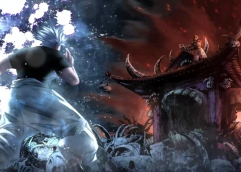 Gojo Satoru facing Sukuna in a destroyed battlefield with blue and red cursed energy from Jujutsu Kaisen anime wallpaper
