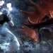Gojo Satoru facing Sukuna in a destroyed battlefield with blue and red cursed energy from Jujutsu Kaisen anime wallpaper