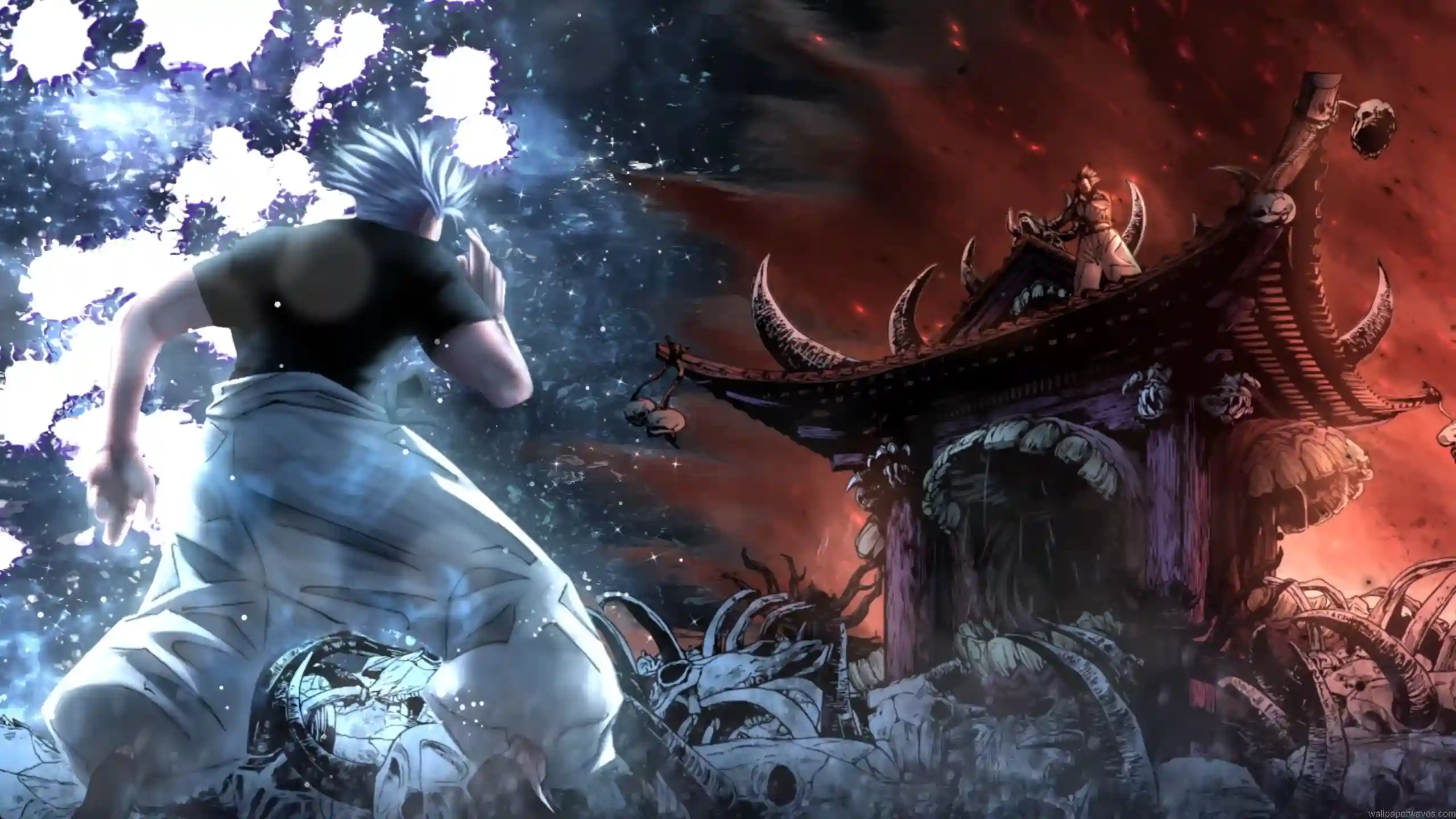 Gojo Satoru facing Sukuna in a destroyed battlefield with blue and red cursed energy from Jujutsu Kaisen anime wallpaper
