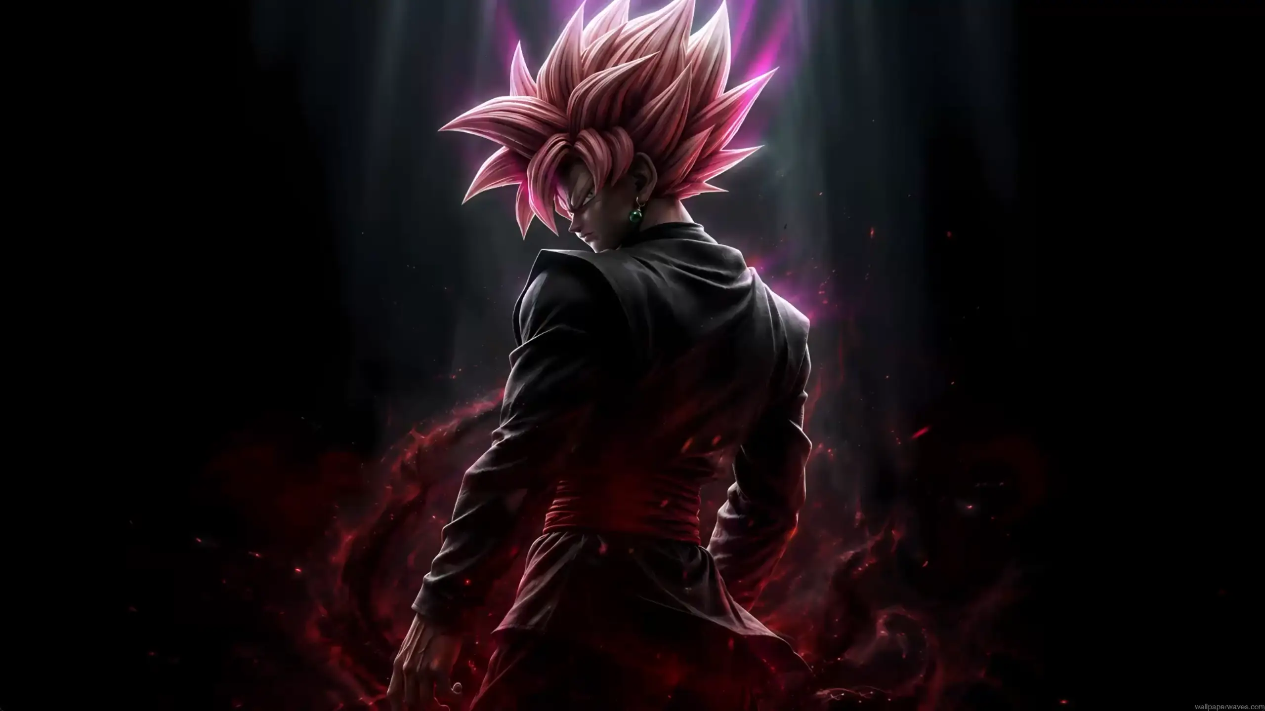 Goku Black in Super Saiyan Rosé form surrounded by dark crimson aura and glowing pink energy wallpaper