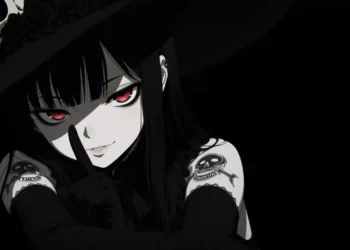 Gothic anime girl with glowing red eyes wearing a black hat with skull and roses dark aesthetic wallpaper