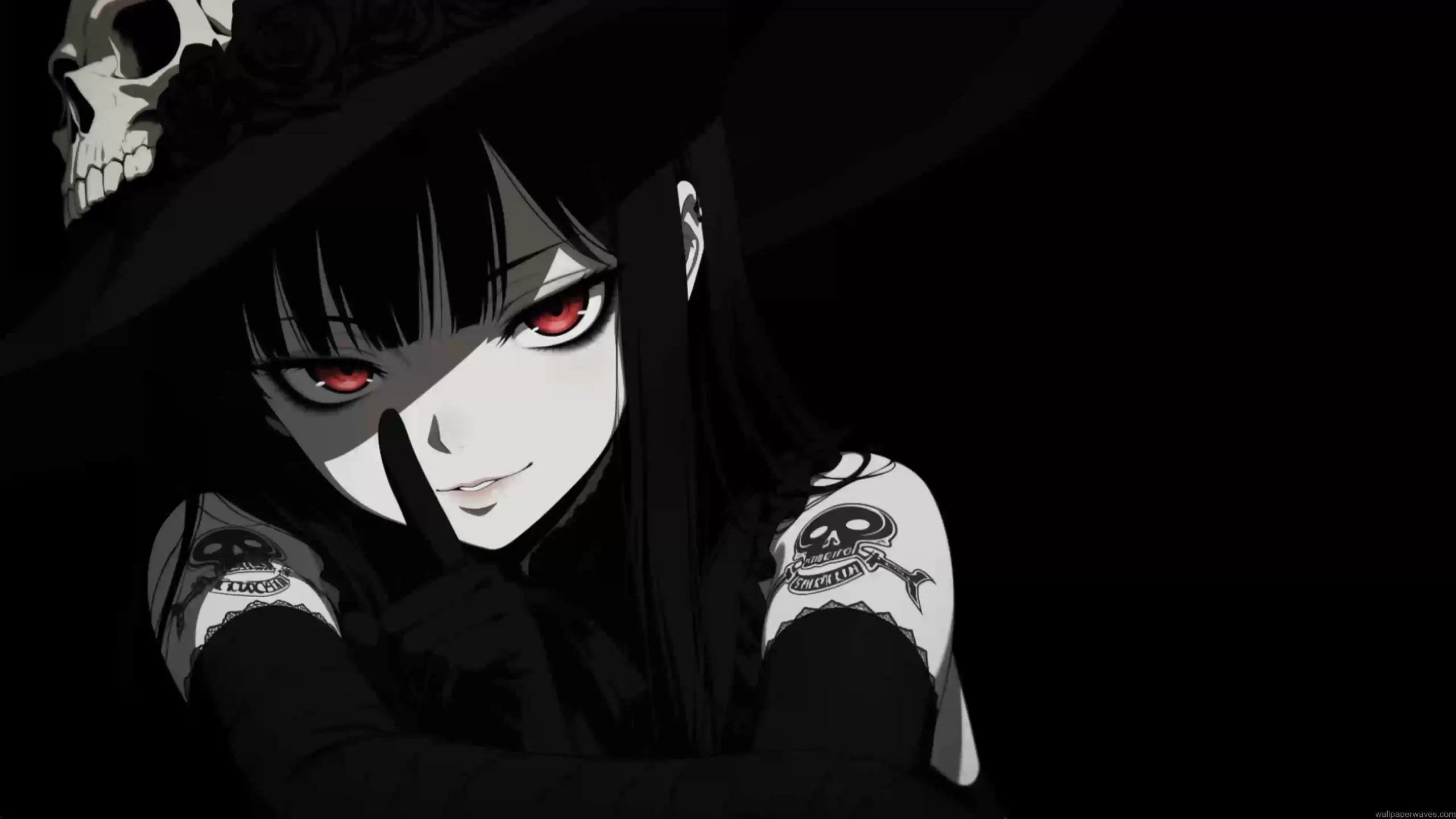 Gothic anime girl with glowing red eyes wearing a black hat with skull and roses dark aesthetic wallpaper