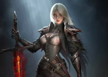 Silver haired gothic female knight in dark fantasy armor holding a glowing red sword under dramatic light fantasy wallpaper