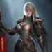 Silver haired gothic female knight in dark fantasy armor holding a glowing red sword under dramatic light fantasy wallpaper