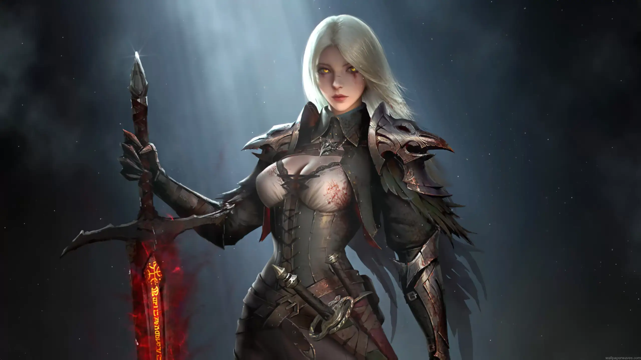 Silver haired gothic female knight in dark fantasy armor holding a glowing red sword under dramatic light fantasy wallpaper