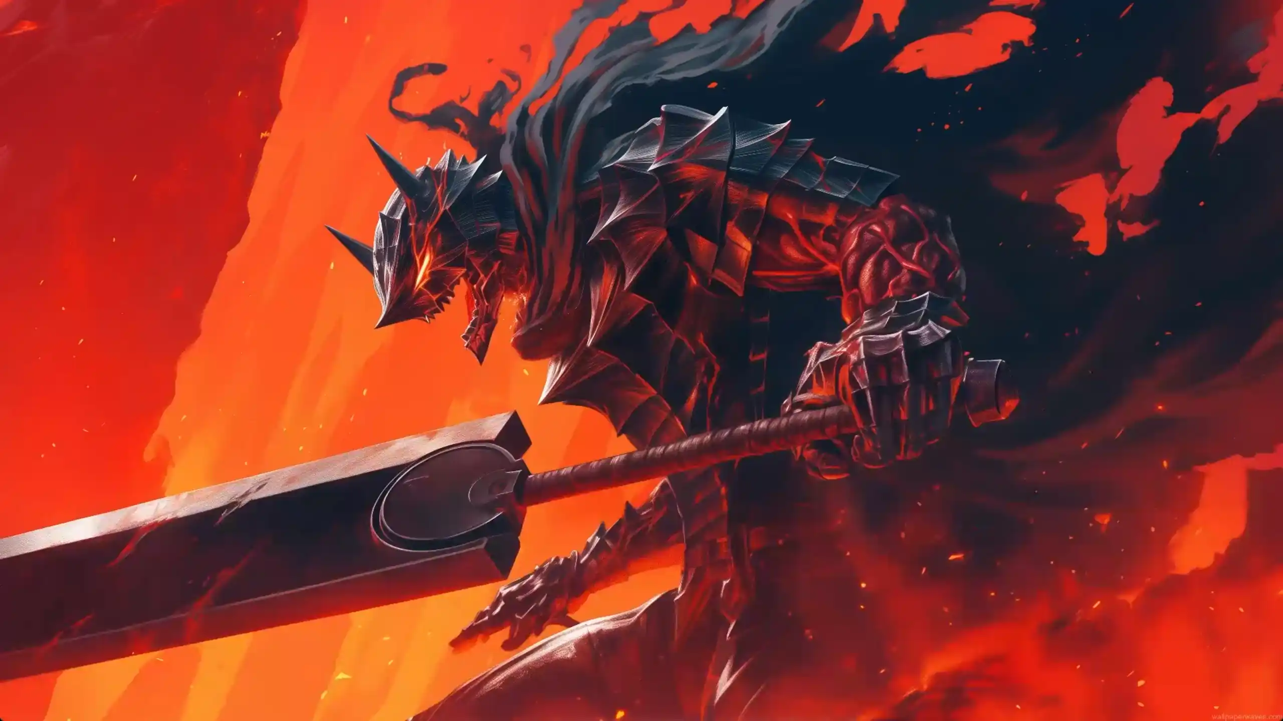 Guts wearing Berserker Armor with giant Dragonslayer sword surrounded by fiery red battle energy wallpaper