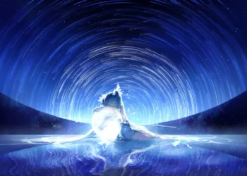Hatsune Miku Cosmic Dreamscape Live Wallpaper 3 Hatsune Miku sitting in a glowing cosmic dreamscape surrounded by swirling stars and blue celestial reflections wallpaper