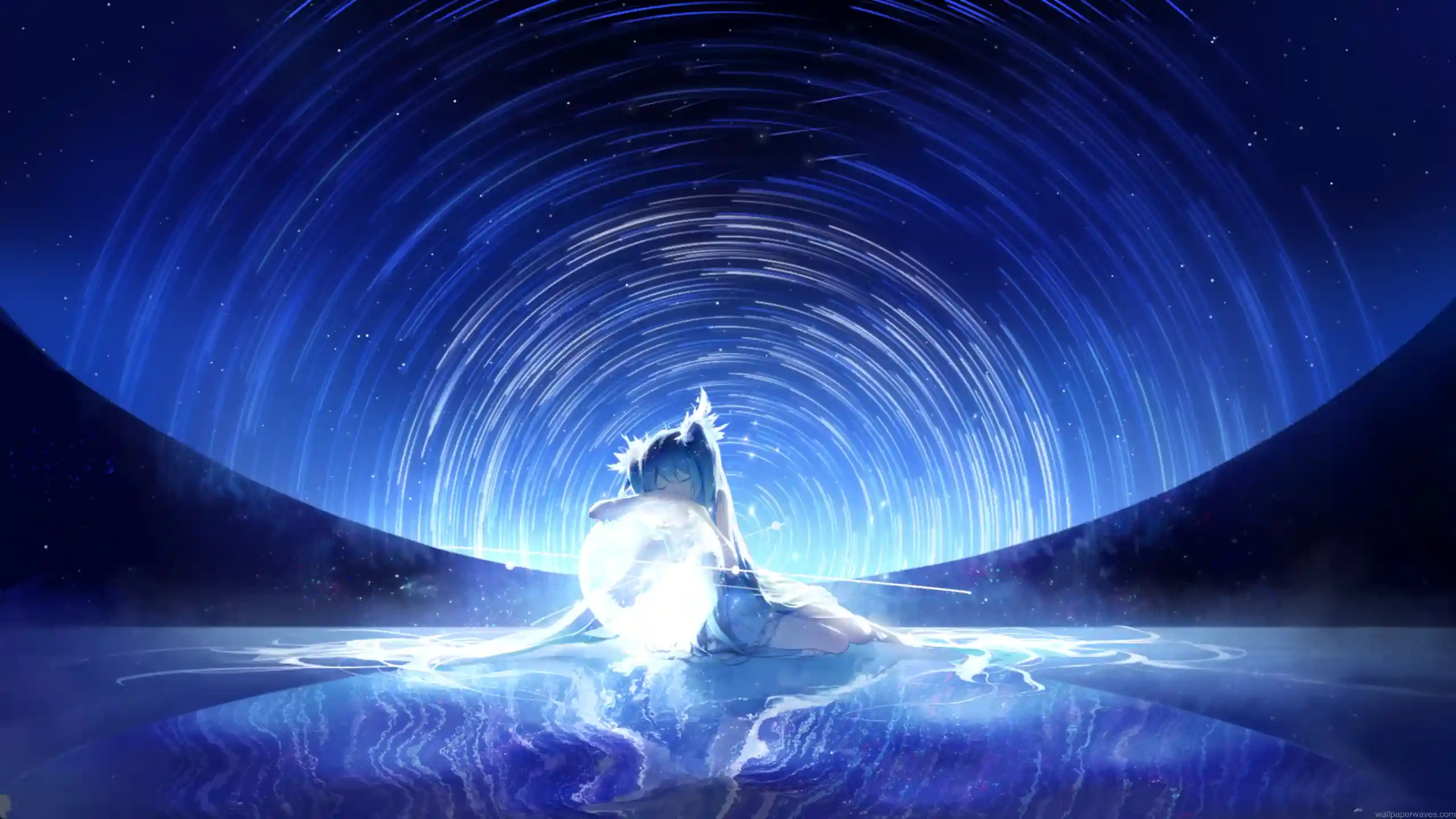 Hatsune Miku sitting in a glowing cosmic dreamscape surrounded by swirling stars and blue celestial reflections wallpaper