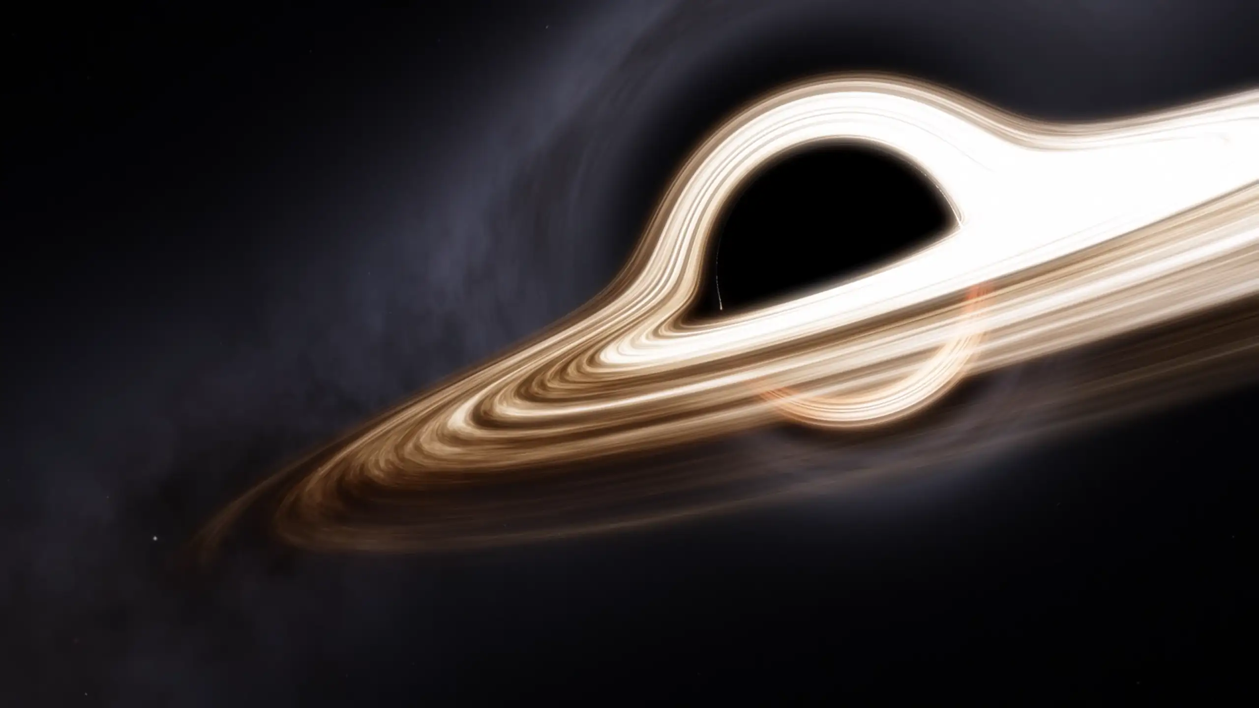 Massive glowing black hole with bright accretion rings twisting through deep space in a cinematic sci-fi wallpaper
