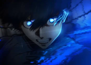 Isagi Yoichi from Blue Lock with glowing blue eyes and intense energy aura in dark anime scene wallpaper