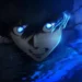 Isagi Yoichi from Blue Lock with glowing blue eyes and intense energy aura in dark anime scene wallpaper