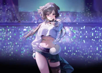Cute anime idol girl with glowing concert lights and pastel purple aesthetic background wallpaper