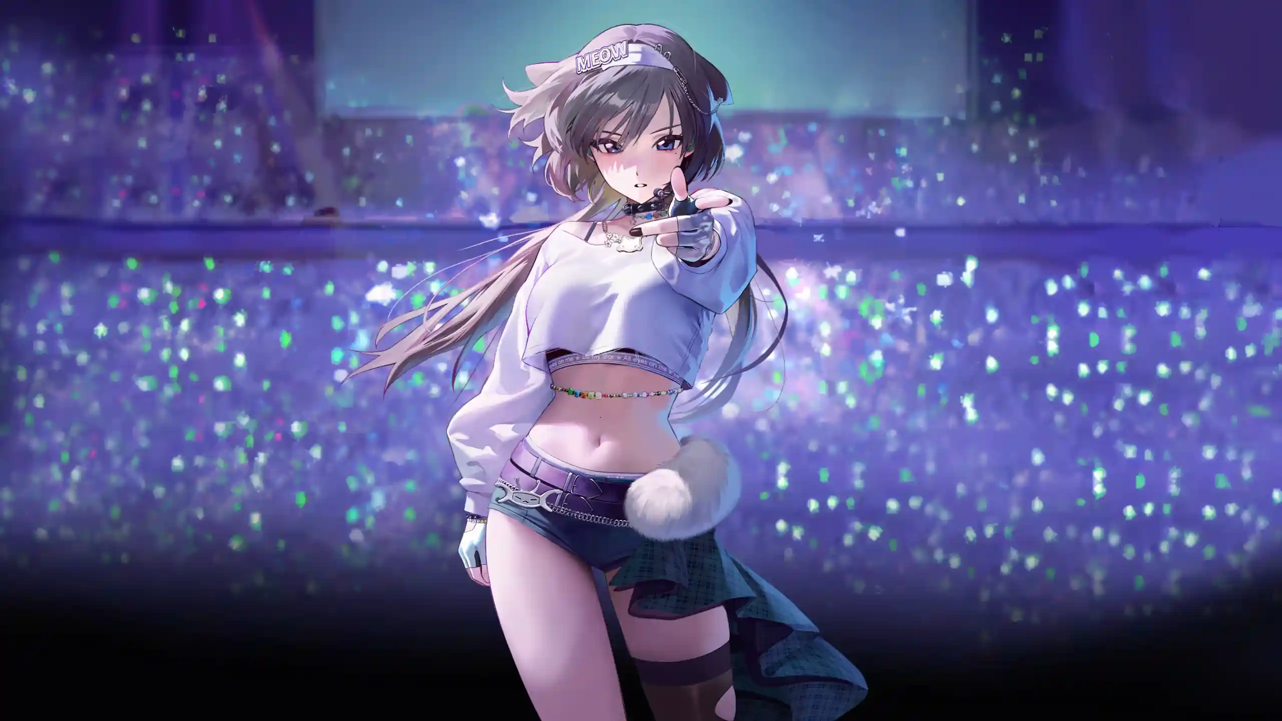 Cute anime idol girl with glowing concert lights and pastel purple aesthetic background wallpaper