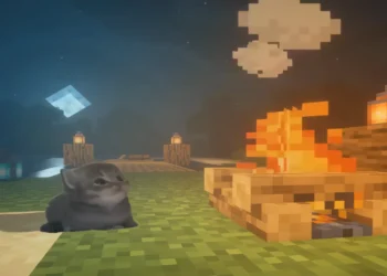 Cute Minecraft-style cat relaxing beside a glowing campfire at night with lanterns and cozy pixel scenery wallpaper