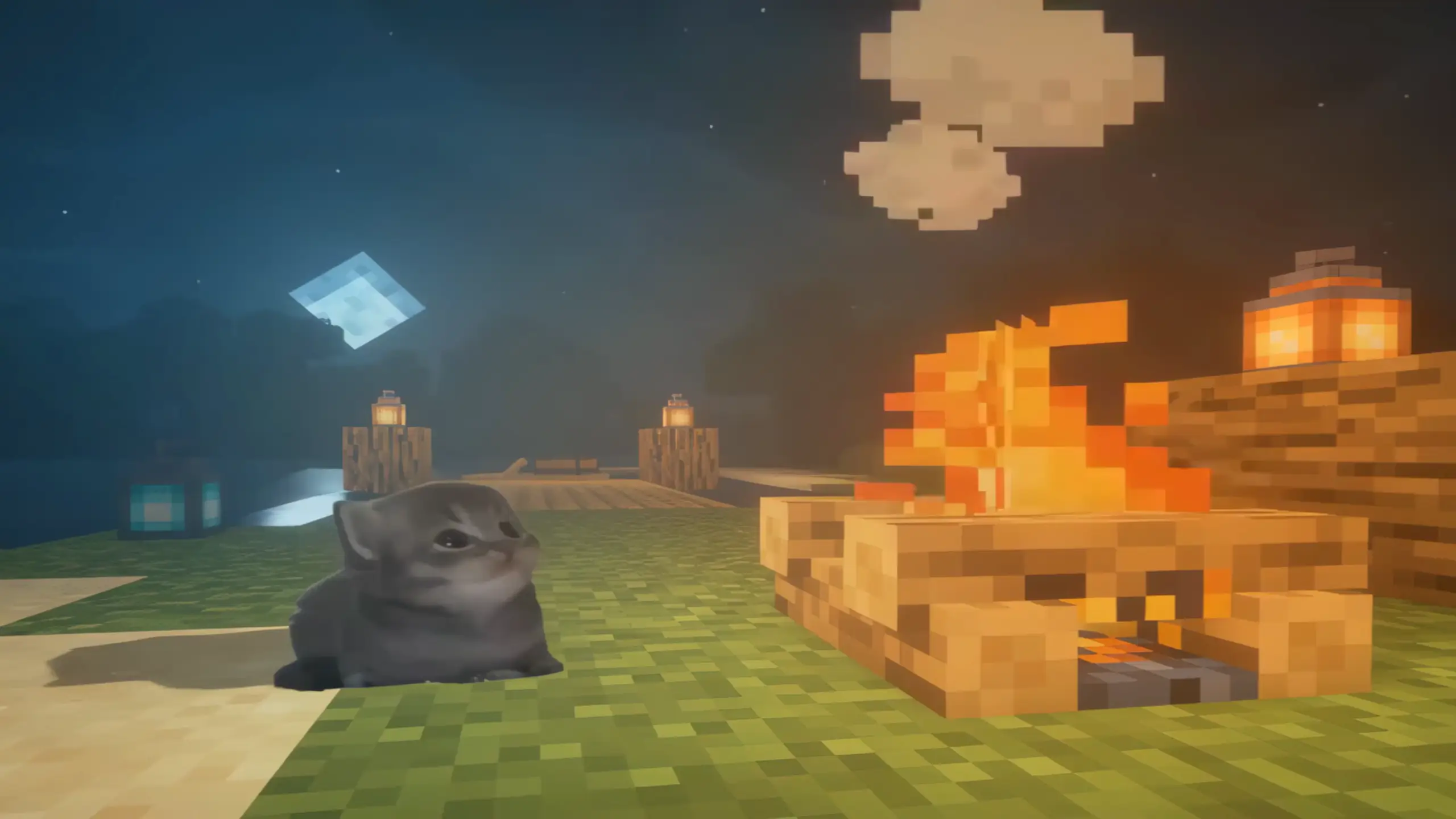 Cute Minecraft-style cat relaxing beside a glowing campfire at night with lanterns and cozy pixel scenery wallpaper