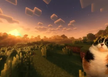 Minecraft Sunset Cat Live Wallpaper 2 Cute chubby cat watching a glowing Minecraft sunset landscape with peaceful pixelated scenery and cozy gaming atmosphere wallpaper
