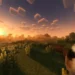 Cute chubby cat watching a glowing Minecraft sunset landscape with peaceful pixelated scenery and cozy gaming atmosphere wallpaper