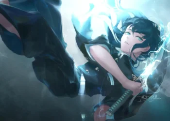 Muichiro Tokito from Demon Slayer surrounded by glowing blue mist energy while holding sword anime wallpaper