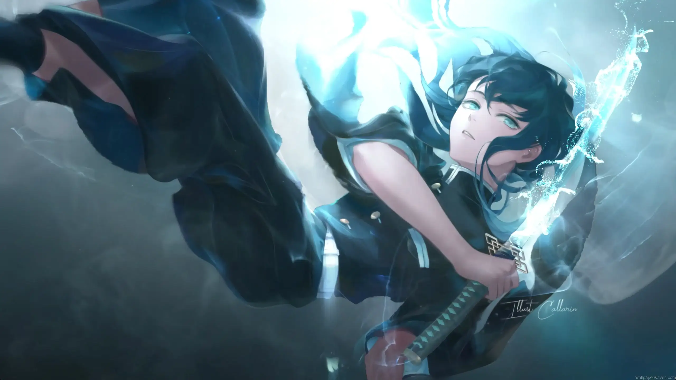 Muichiro Tokito from Demon Slayer surrounded by glowing blue mist energy while holding sword anime wallpaper