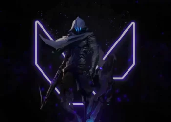 Omen from Valorant standing in dark shadows with glowing blue eyes and purple neon symbol gaming wallpaper